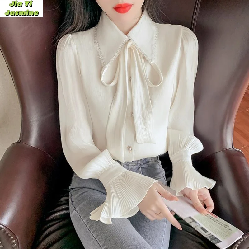 

Sweet Temperament Speaker Long Sleeved Shirt for Women's Spring and Autumn 2024 New Fashion Pleated Bow Chiffon Top