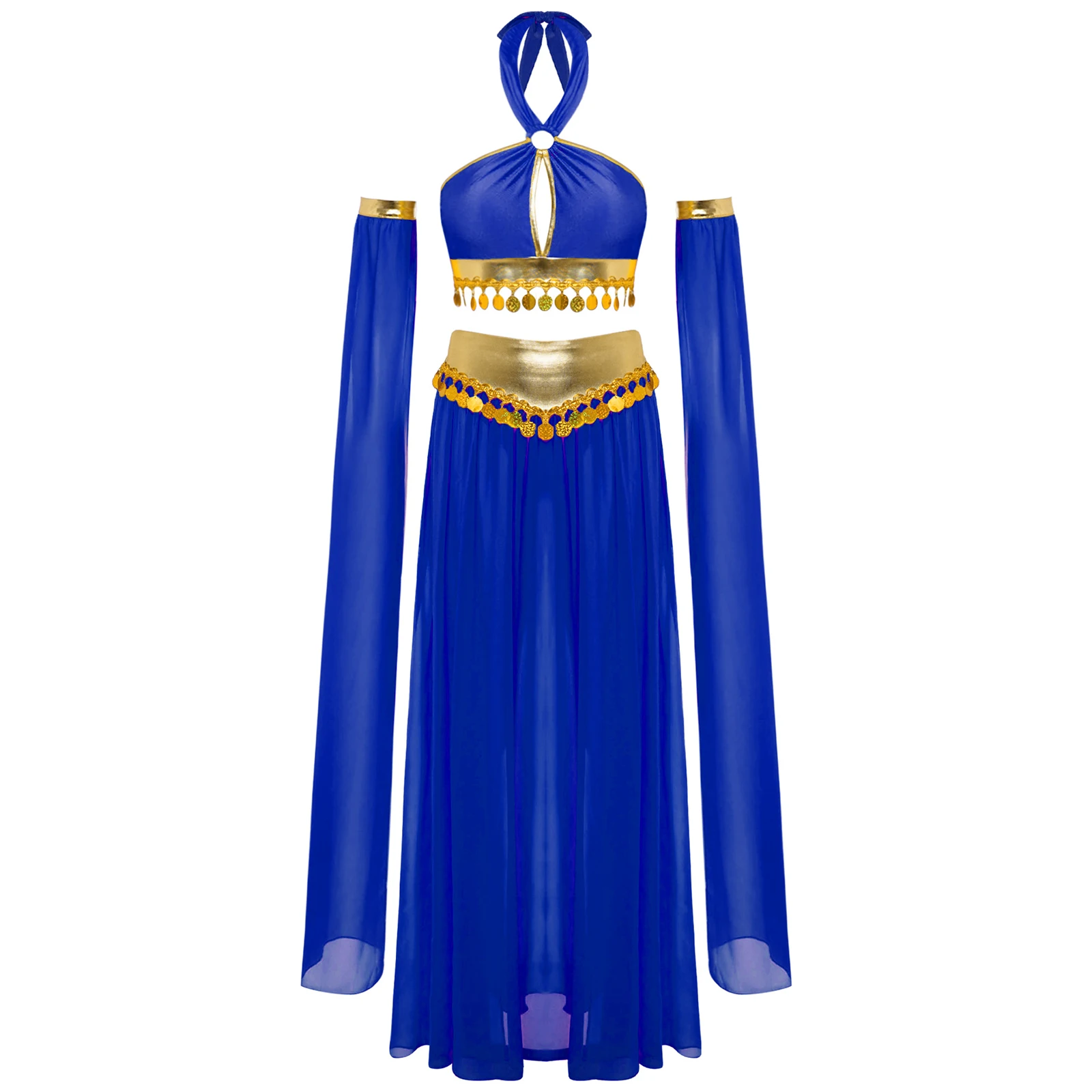 Top corto con cuello Halter egipcio de la antigua Roma para mujer, falda de gasa dividida, mangas, conjunto de danza del vientre, disfraz de Cosplay de Cleopatra para Halloween