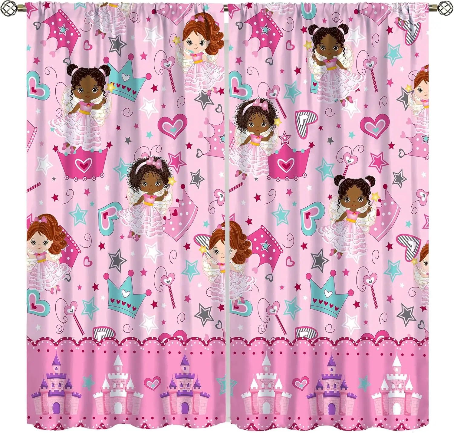 Kids Black Girls Curtains, Cartoon Pink Fantasy Magic Princess Castle Star Love Window Drapes for Girls Bedroom Decor