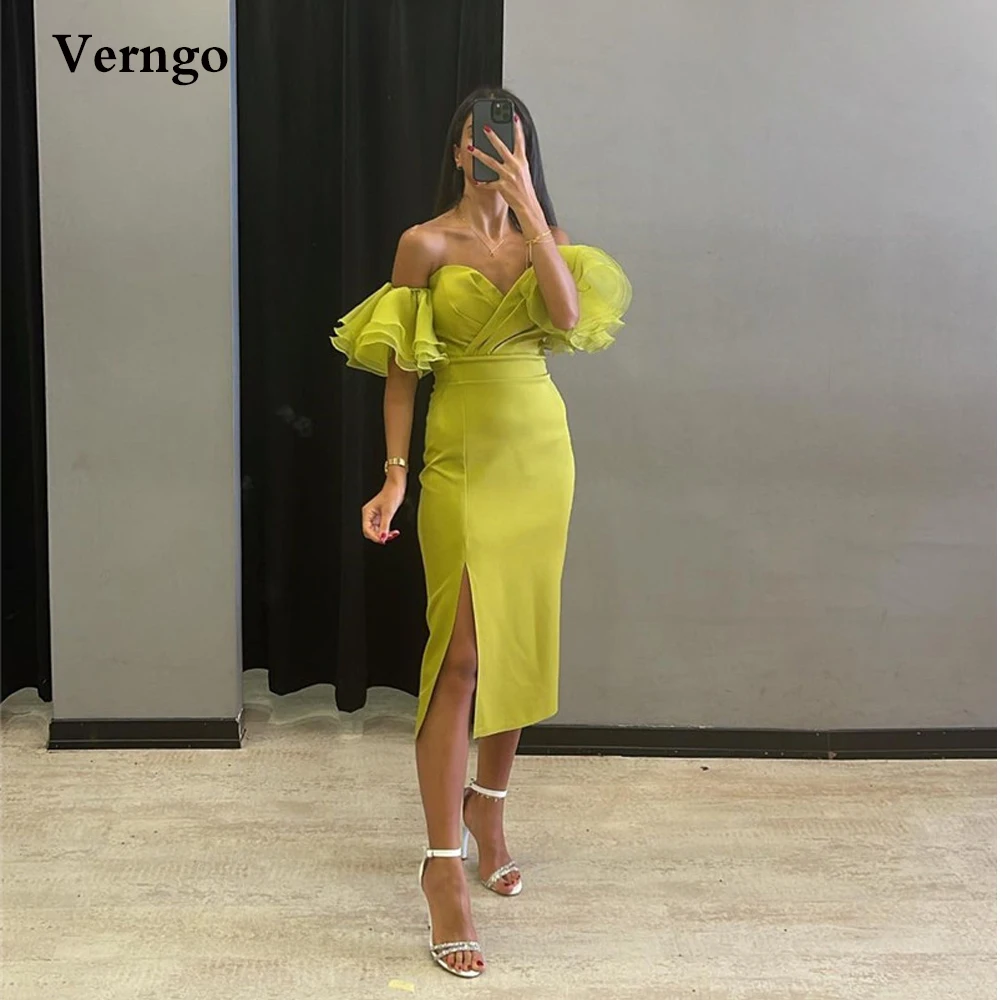 

Verngo Sweetheart Short Evening Party Dresses Puff Short Sleeves Tiered Side Slit Arabic Prom Gowwns Tea Length Formal Dress