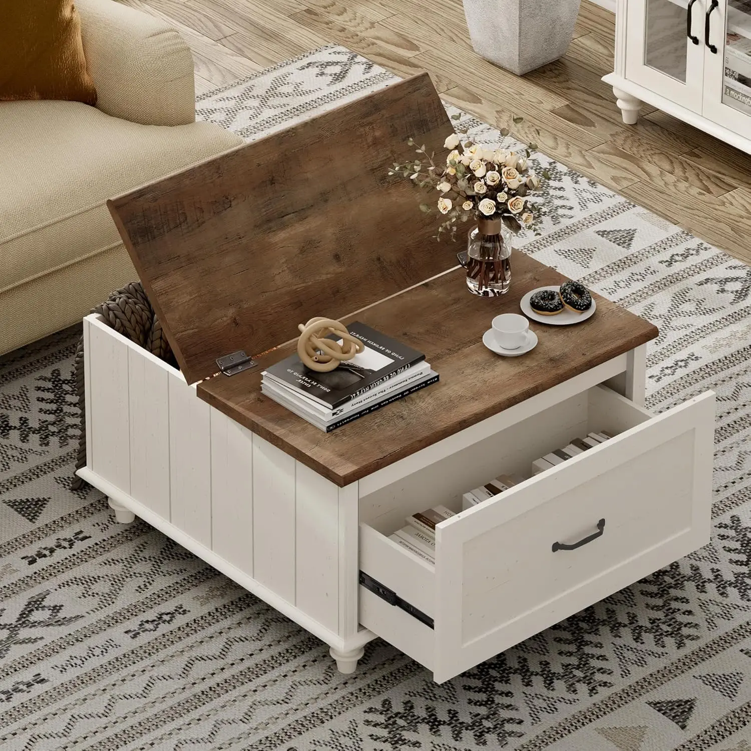 Farmhouse Coffee Table With Storage, Set Of 2 Square Coffee Table With Lift Top & Drawers For Living Room, Wooden, Customized