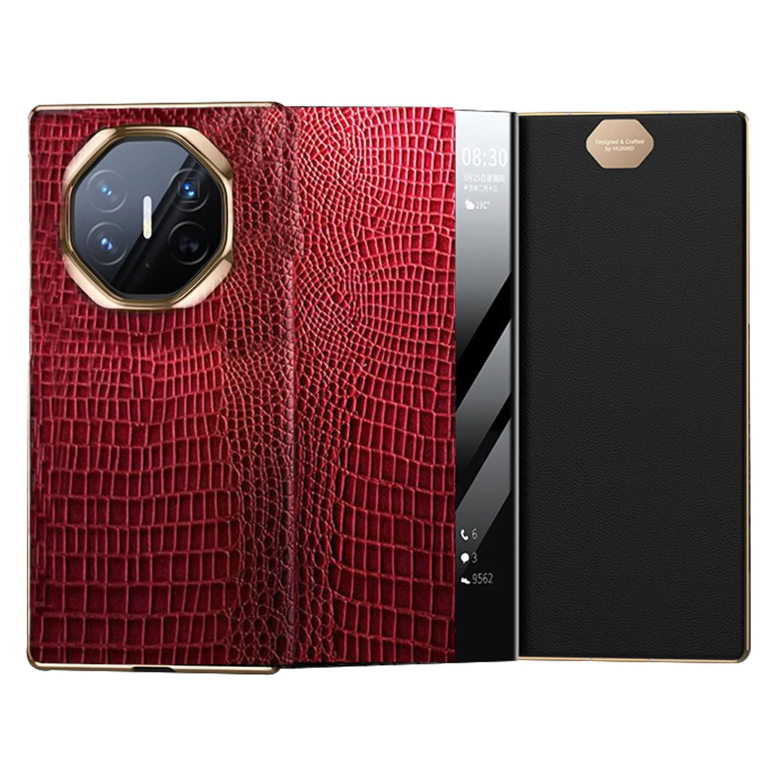 Genuine Leather Case for Huawei Mate XT, Luxury Electroplated Crocodile Pattern Flip Cover Smart Viewing Window All-Inclusive