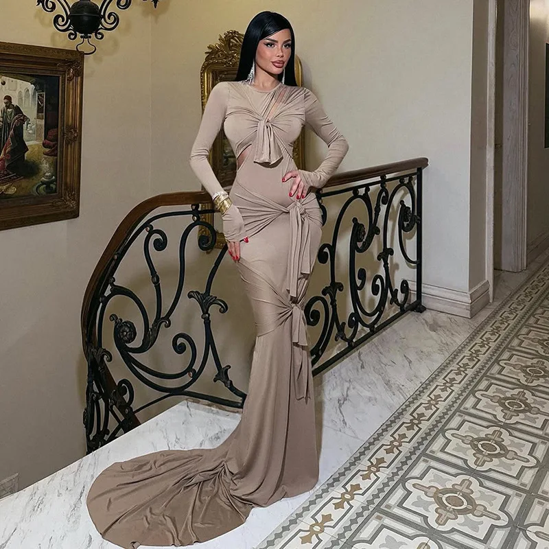 

Solid Hollow Out Lace Up Ribbons Maxi Party Dress Women Elegant O Neck Full Sleeve Bodycon Evening Gown Birthday Long Robe