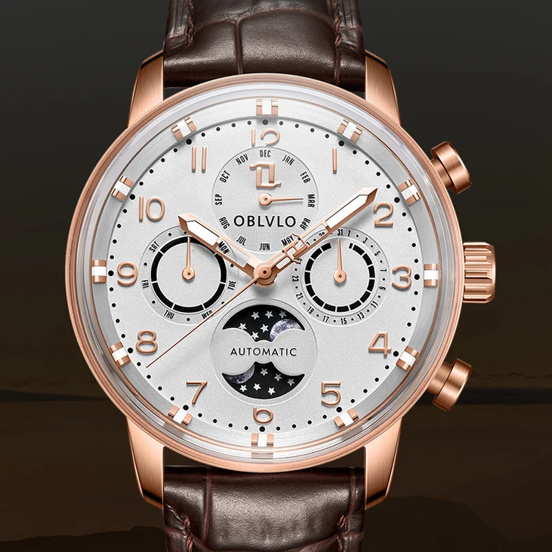 

OBLVLO Classic Business Men Muti-Functional Automatic Mechanical Watch Miyota Movement Sapphire Glass Waterproof Watches