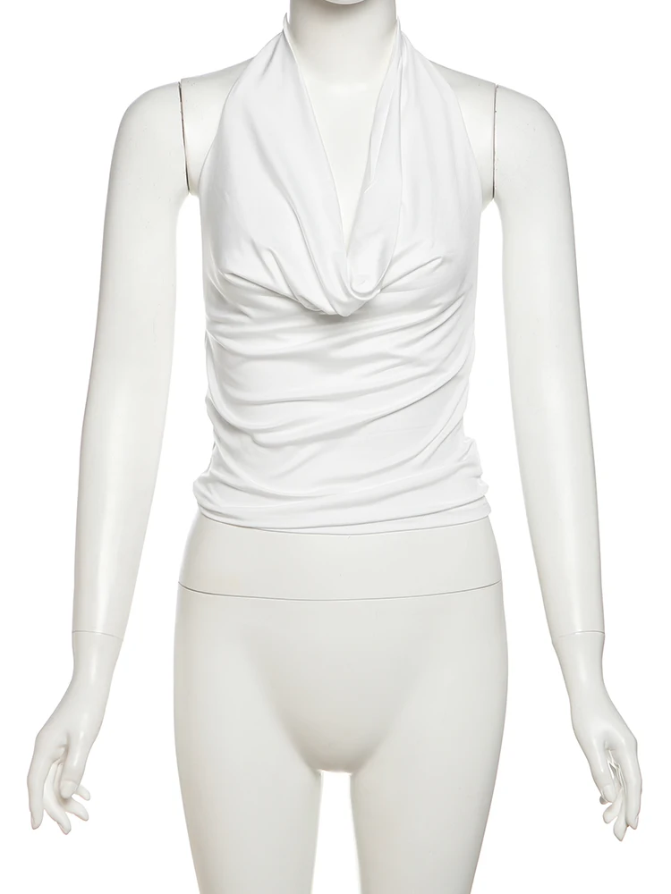 Nibber Swing Kraag Vesten Vrouwen Backless Halter Plooien Skinny Straat Veelzijdige Dagelijkse Mode Sexy Zomer Temperament Mini Tops