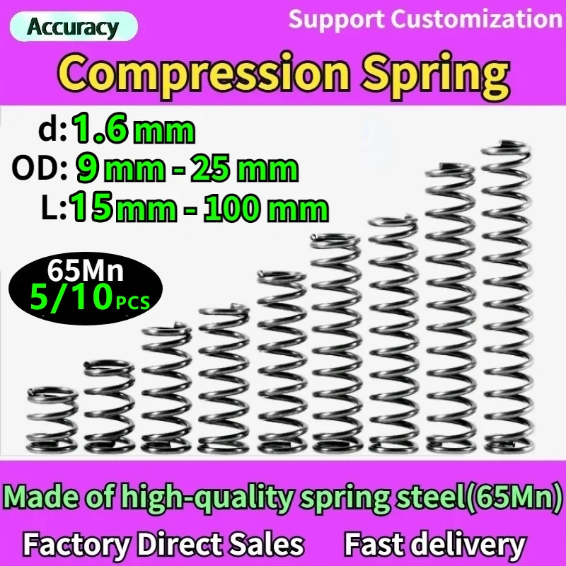 

65Mn Wire Diameter 1.6mm Cylidrical Coil Compression Spring Return Compressed Springs Release Pressure Spring Steel Coils 5 Pcs