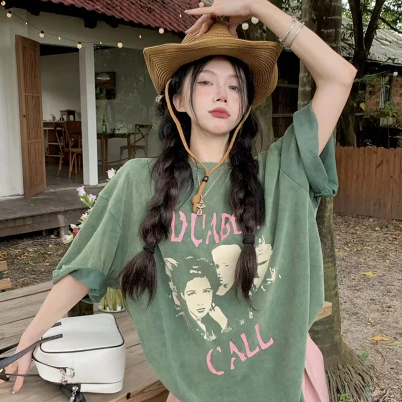 

New Summer Women Vintage Character Letter Print Tops Lady Comfortable Oversize T-Shirts Girls Fashion Daily Short Sleeve Clothes