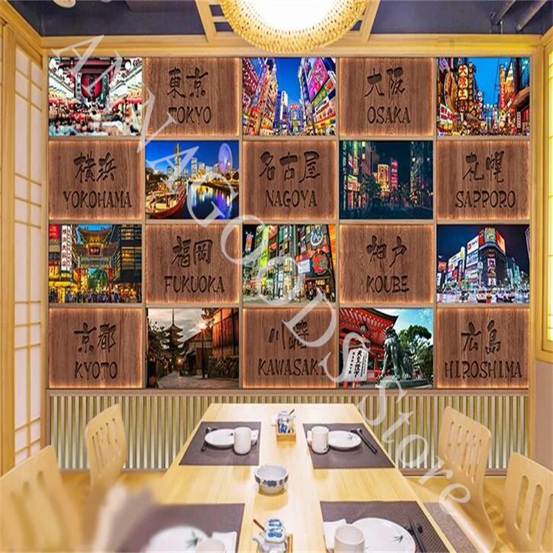 Japanese Toponyms Log Grille Background Wall Mural Wallpaper for Japanese Style Tavern Restaurant Backdrop Photo Wall Paper 3d