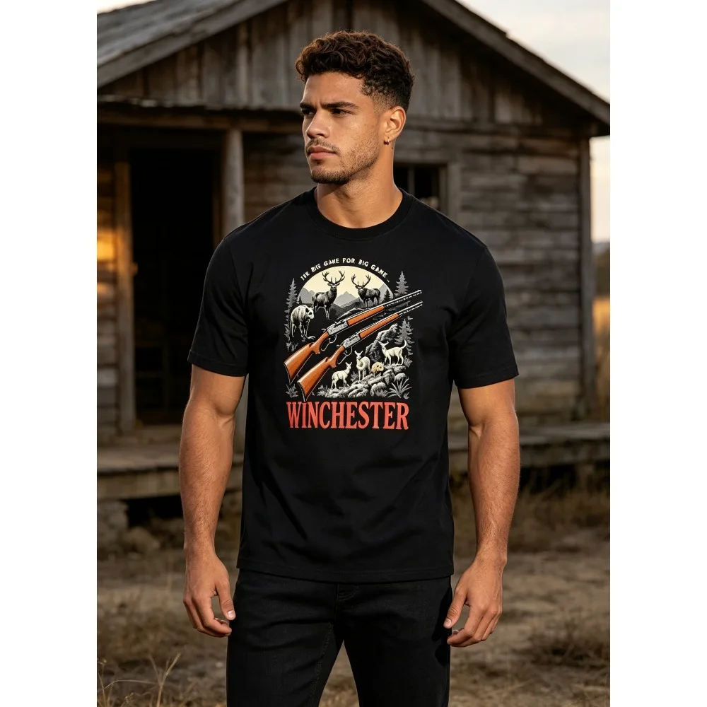 2026 New Men Casual Short Sleeve T-shirt Wilderness Hunting Theme Vintage Illustration, Forest Deer Rifle Animal Graphic