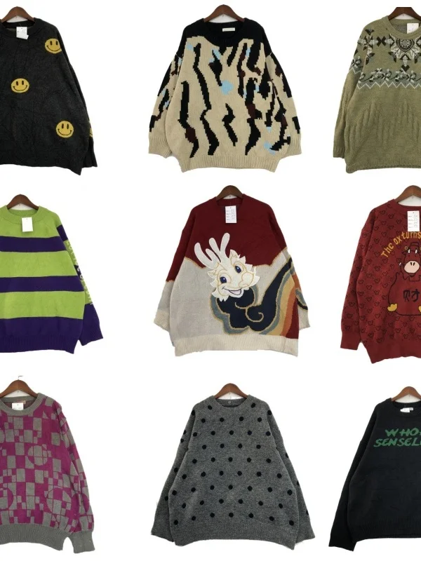 

Винтажный уличный шерстяной свитер: теплый зимний хлопково-шерстяной свитер с длинными рукавами, круглым вырезом и мультяшной вышивкой, очень модный