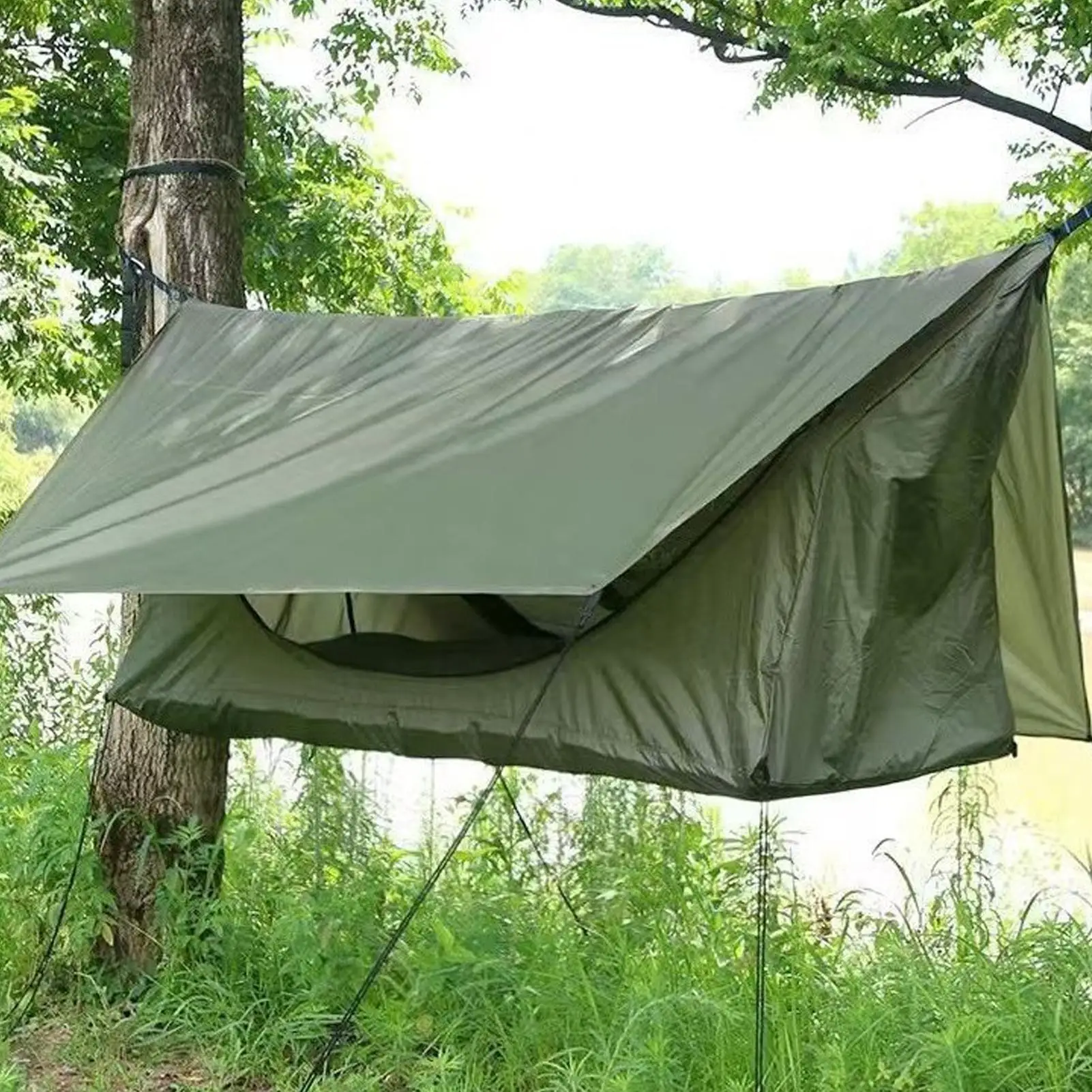Tent Hammock for Camping Zippered Flat-lay Breathable Resting Bed with Gnat Net and Rain Cover Sleeping Hammock for Backpacking