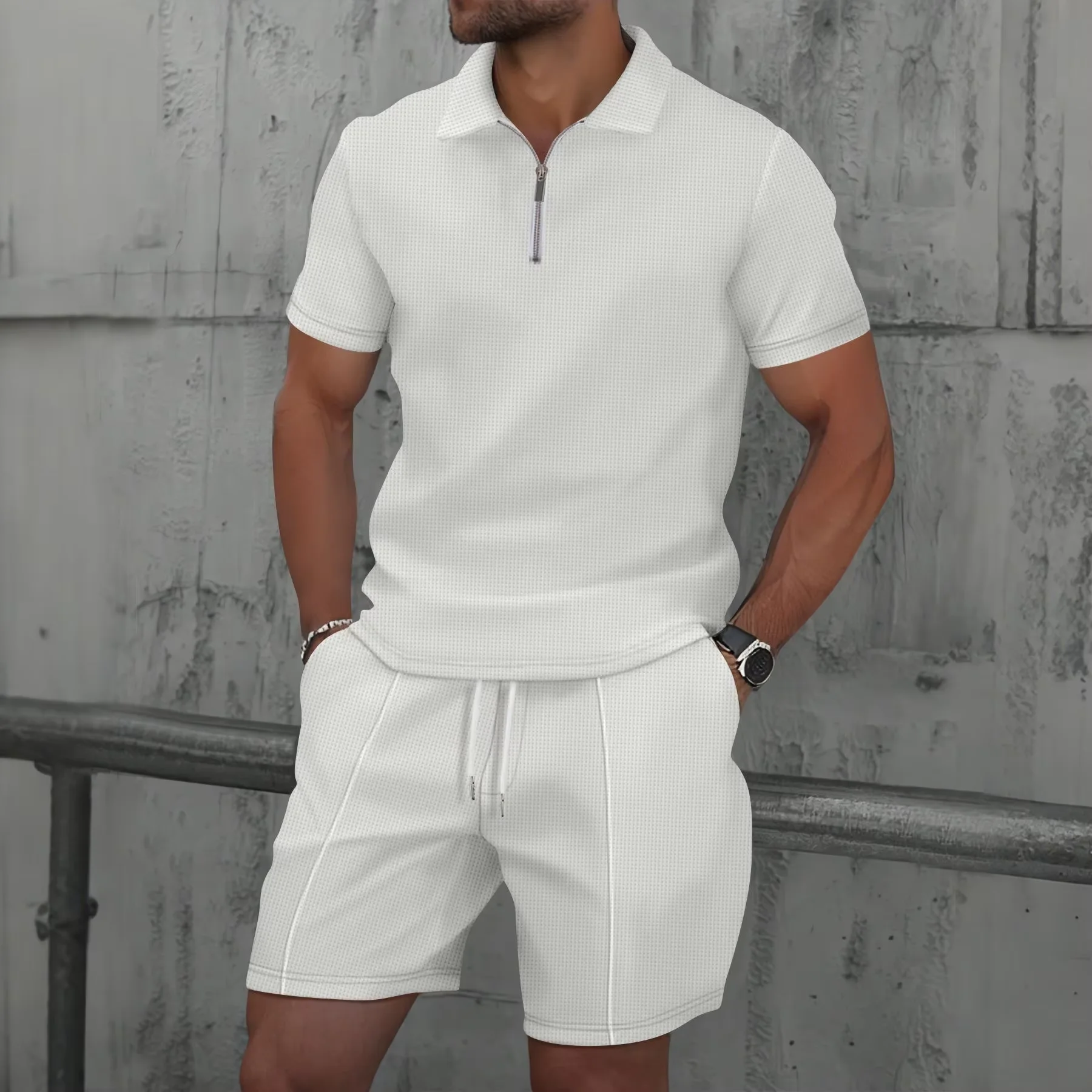 

2025 Men's youth brand new hot new summer Waffle solid color lapel zipper short-sleeved top + suit shorts two-piece suit