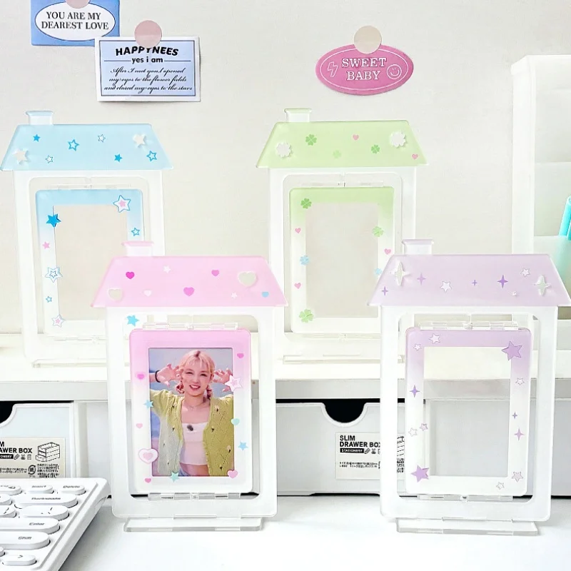 Kawaii Ins Desktop Standing 3inch Rotating Photo Card Holder Cute Star House Idol Photocard Stand Holder Stationery