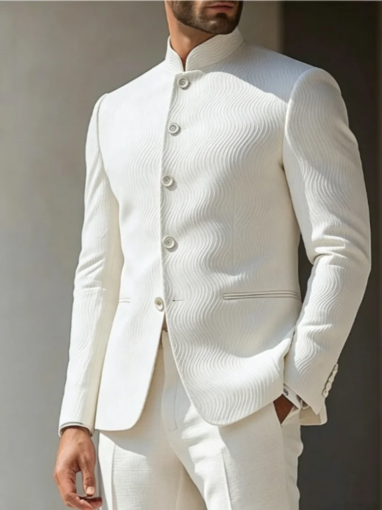 Mens Slim Fit Stand Collar Blazer Pure White 3D Water Ripple Textured Formal Outerwear