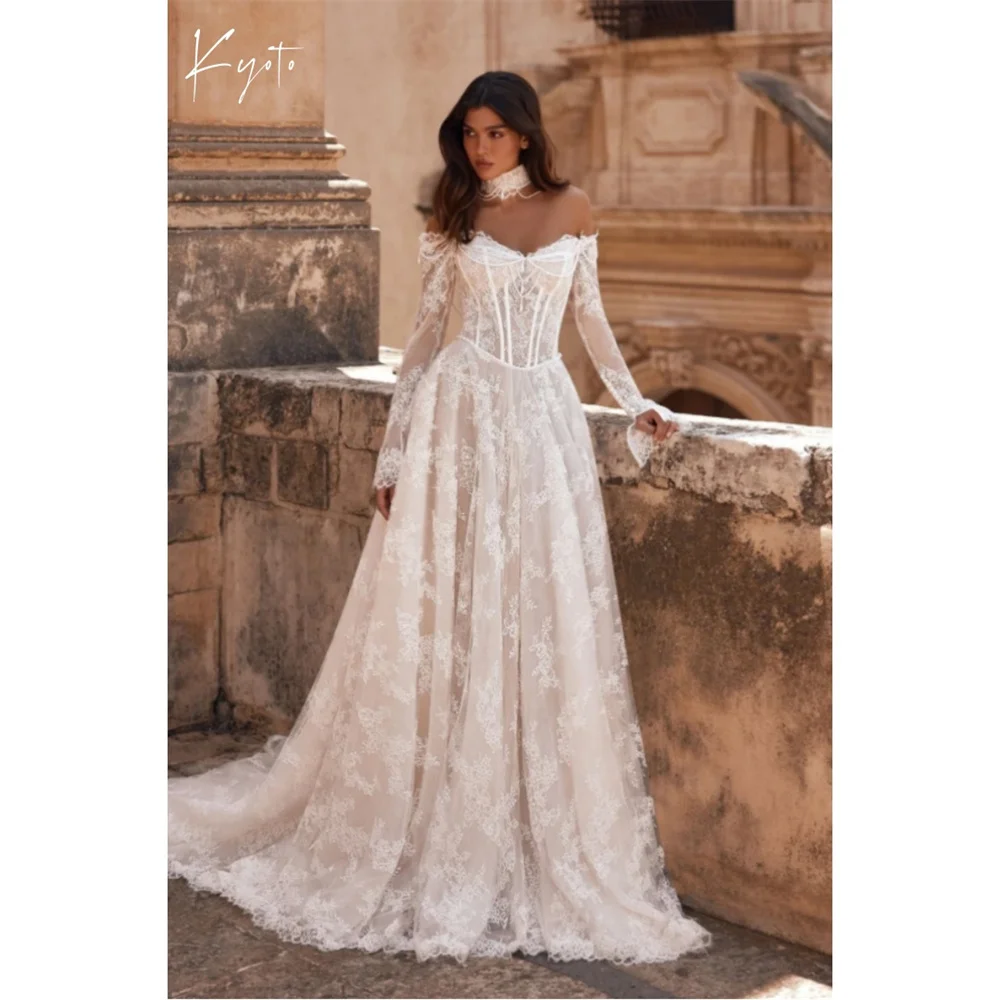 京都カスタマイズオフホワイトレース長袖ウェディングドレスオフショルダーコートトレインvestidos de noiva Aラインイブニングドレス