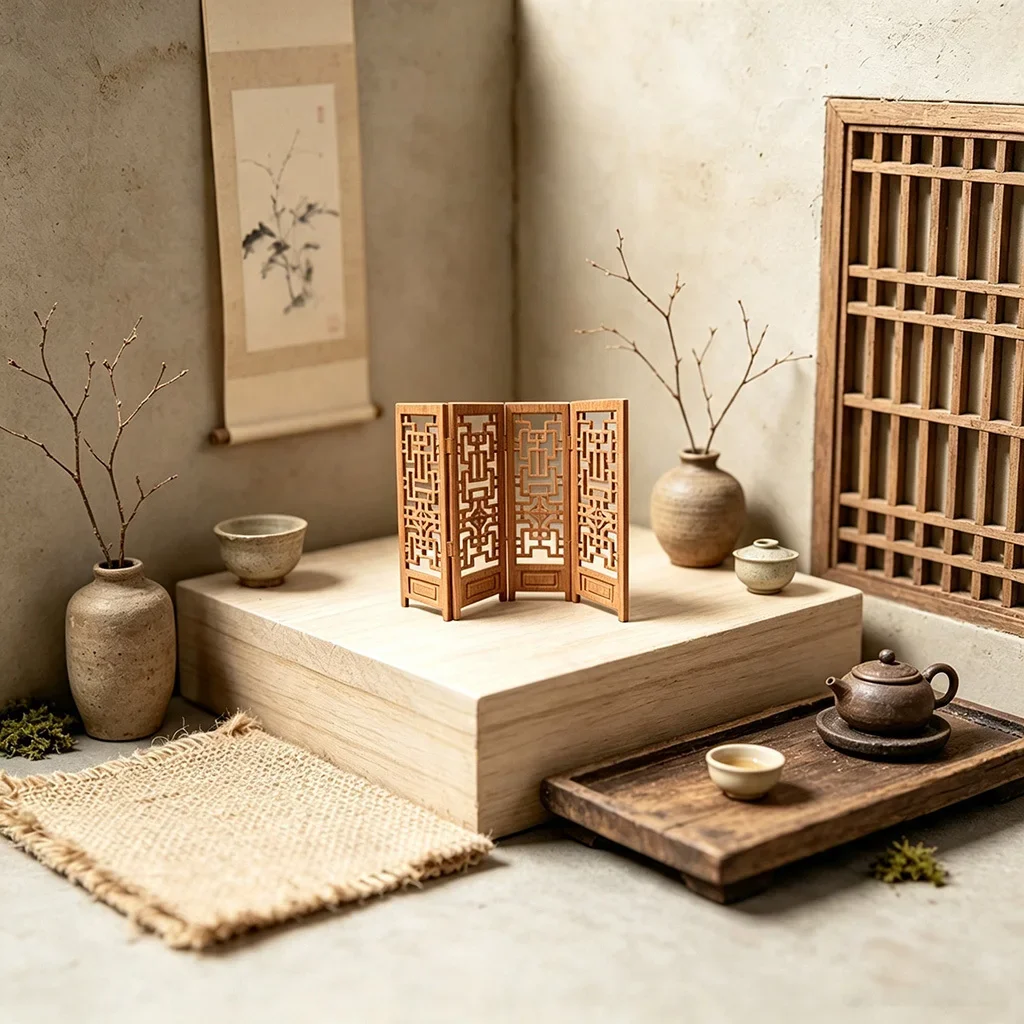 Vintage Oriental Hollow Folding Screen 3D Printed Miniatures Partition Chinese Lattice Screen Dollhouses Diorama DIY Craft Gifts