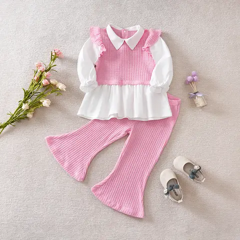 BABY 여아 상의 + 바지 봄, 가을 긴팔 단색 와플 원단 특징 활력 세트