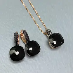 10.6mm Classic  Earrings Necklace Set Inlay Black Zircon with Black Gun Plated Square Candy Crystal Fashion Jewelry Set