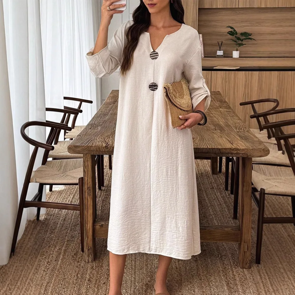 

Summer women's casual dresses V-neck Long Sleeved Cotton Linen Long Dress For Women Vestidos solid color simple style vestido