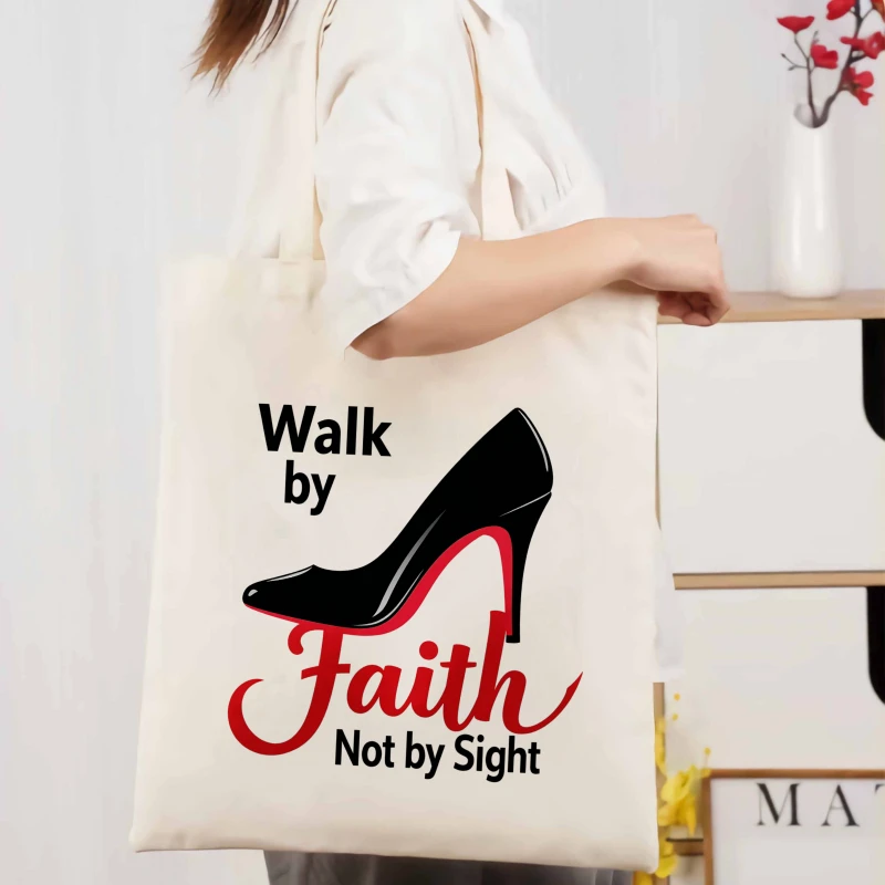 Canvas tote bag Cream Walk By Faith without sight High heels designed for women's shopping and daily use