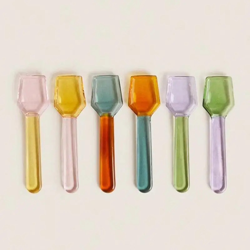 Cute Style Colorful Glass Dessert Spoon Heat Cold Resistance INS Style Ice Cream Spoon Short Handle Coffee Spoon Ice Cream