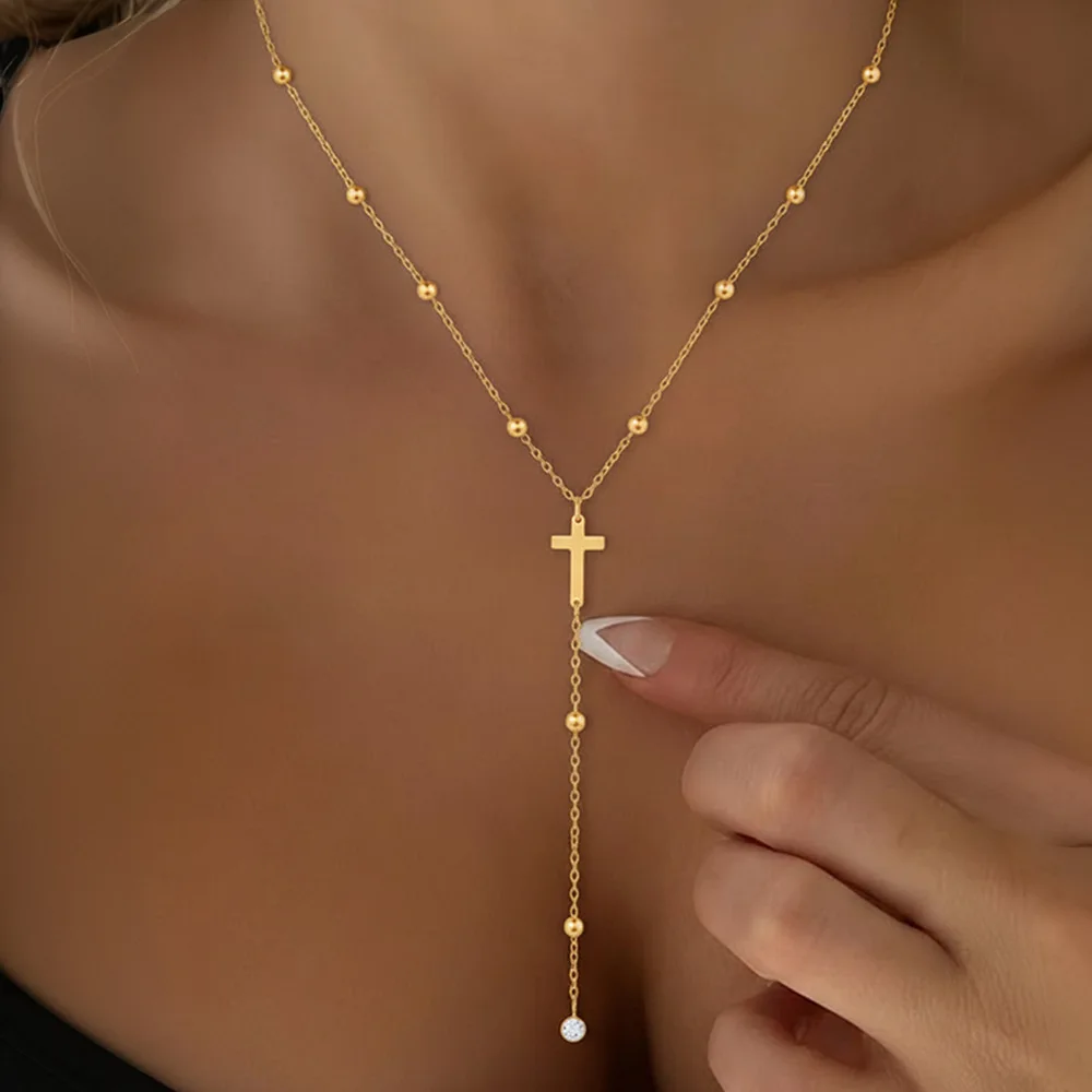 

New Exquisite Fashion Stainless Steel Cross Pendant Y-Shaped Necklace for Women Clavicle Chain Jewerly Accessory Daily Wear