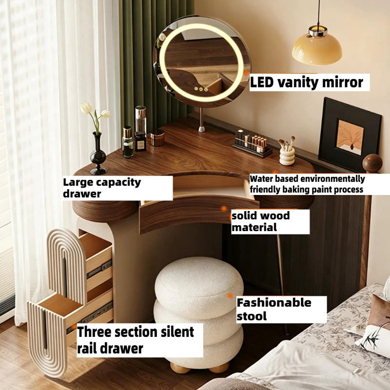 Wooden Corner Dressing Table Bedroom Makeup With LED Mirror Stool Vanity Desk Girl Luxury Hotel Penteadeira Home Furniture