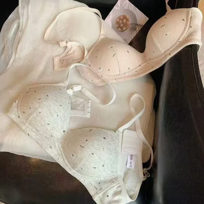 Korean Sweet Floral Thread Small Chest Gathered Bra Women's Breathable Anti Sagging Thin Brassier Skin Friendly Lingerie