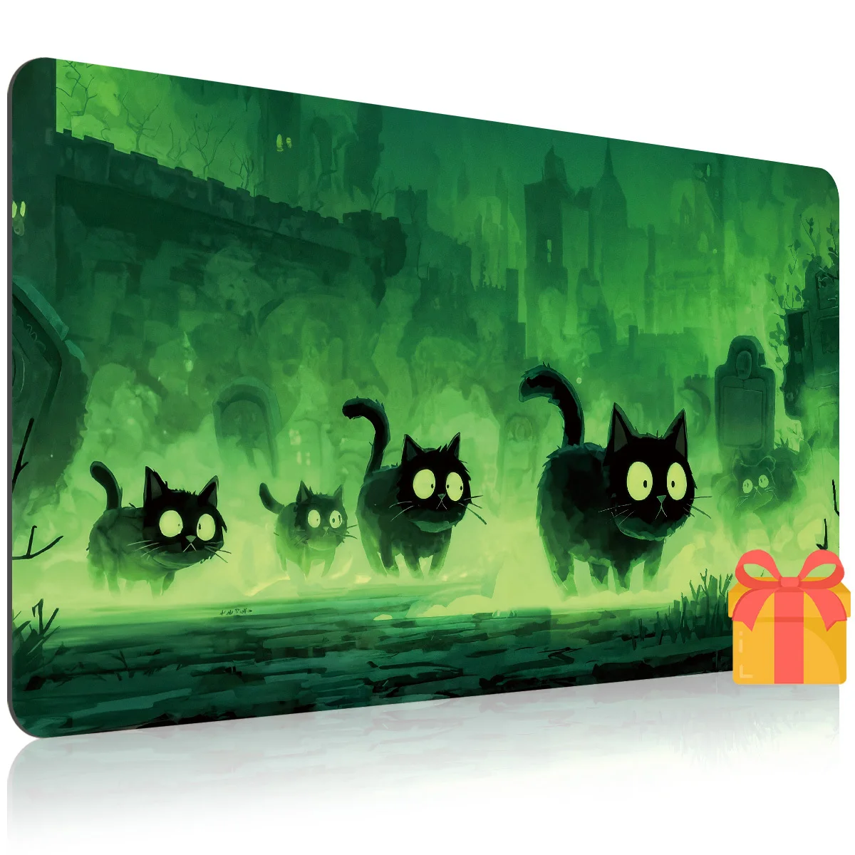 1pc Green Misty Graveyard & Black Cat Legion Tabletop Game Mat - Compatible for TCG/CCG/RPG Trading Card Games, Non-Slip Mouse Pad Suitable for Game Nights