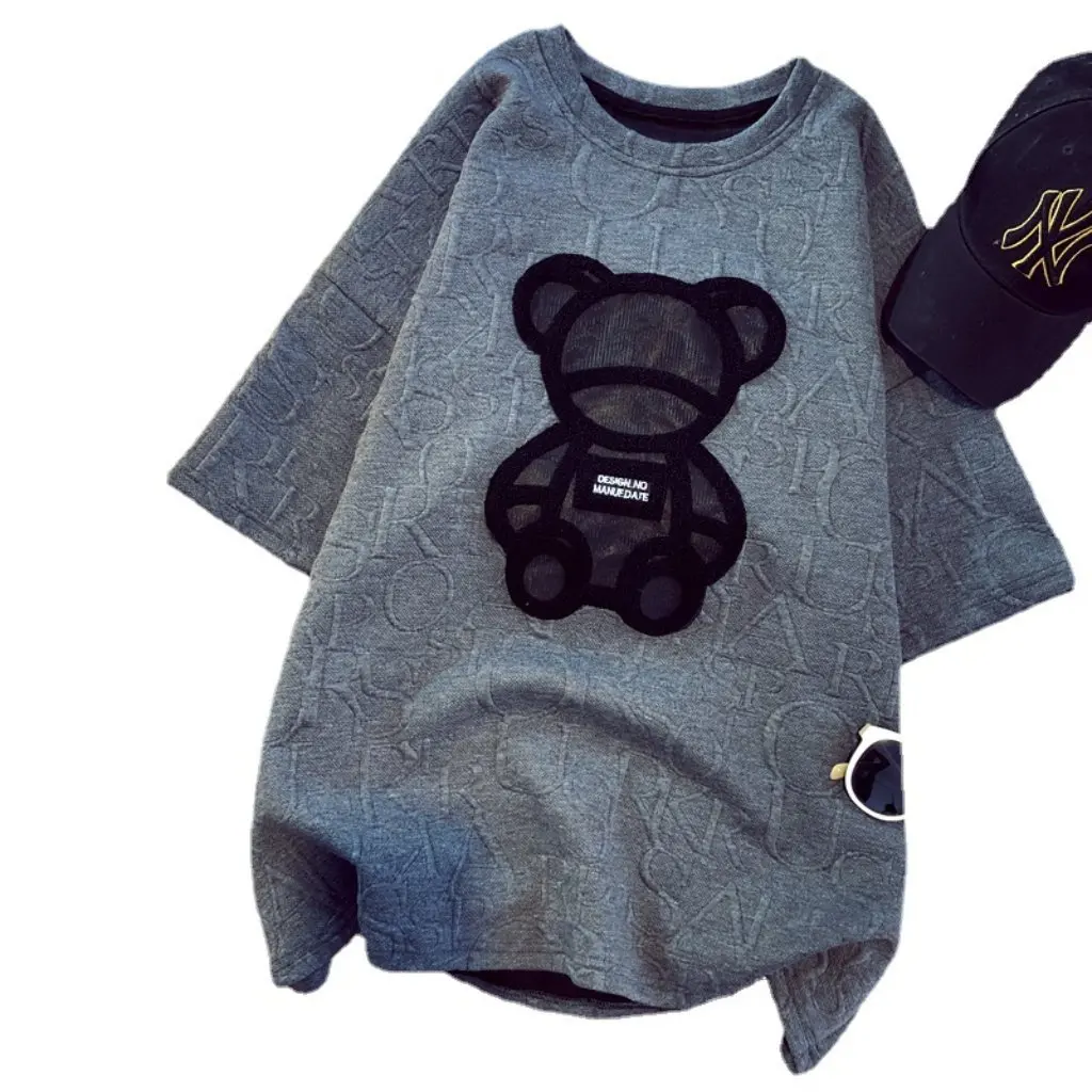 

Women's Thickened T-shirt Mid-Length Bear Print round Neck Short-Sleeved Loose Base Shirt Top for Early Spring Trendy Base Layer