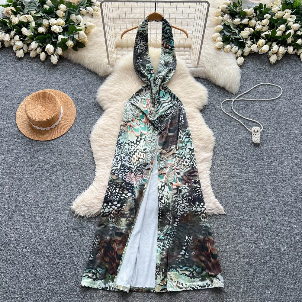 Chic vintage scollo a V increspato senza schienale sottile elegante fata moda coreana Boho vestito estivo abbigliamento donna Abito lungo