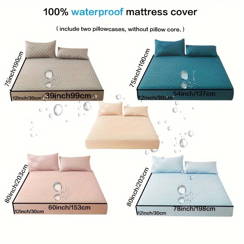 Waterproof Mattress Protector With Deep Pocket (1pc Mattress Cover +2pcs Pillowcase) Dirty Breathable Soft Mattress Pad Cover