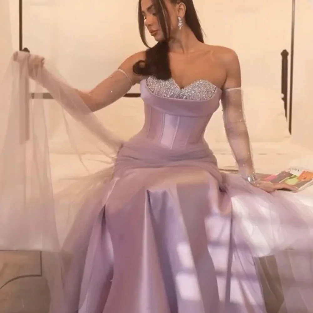 Personalizado querida espartilho vestidos de noite frisado decote cetim vestido de baile com overskirt roxo cetim vestido formal