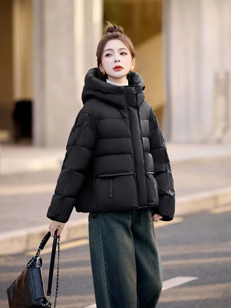 Bolsos quentes jaqueta com capuz feminino 2025 inverno retalhos curto puffer casaco oversize cor sólida outerwear inkeo dj531