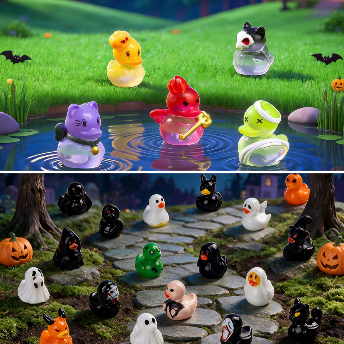 100pcs Cute Halloween Duckling 3D Resin Animal Mini Desktop Ornament DIY Jewelry Pumpkin Ghost Pendant Wholesale Accessories