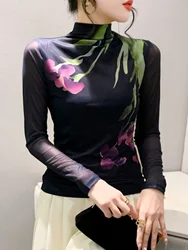 Autumn Printed Positioning Flower Double-Layer Mesh T-shirt Women Stretch Slim Full Sleeve Tees Tops HF8772