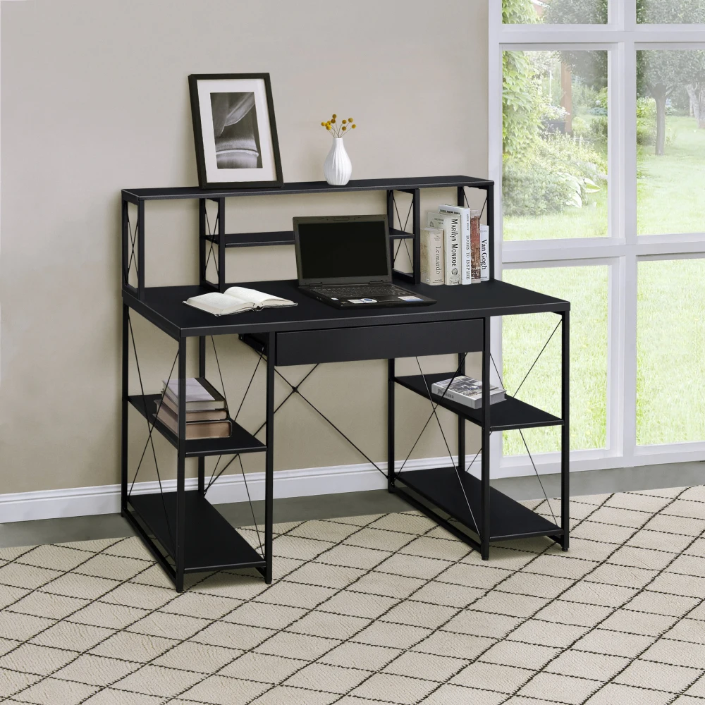 

Black Office Desk with Open Shelves and Hutch