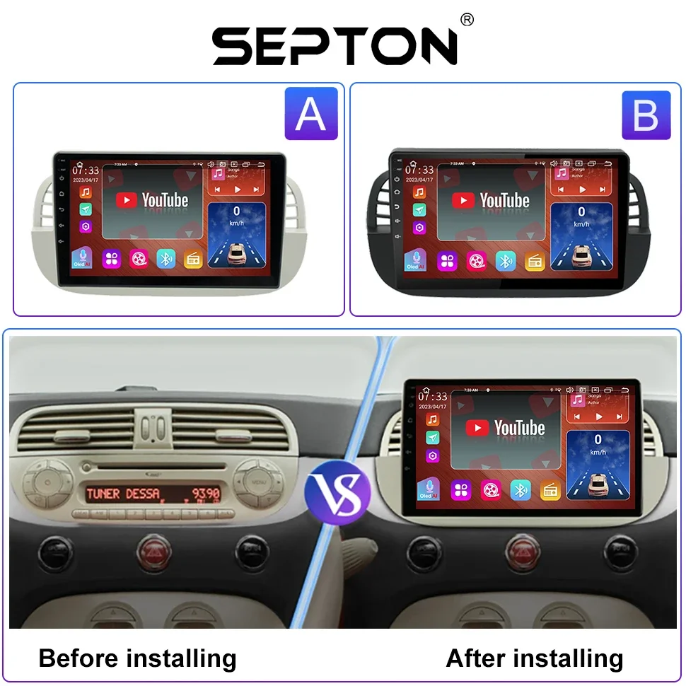 SEPTON 8+128G Android 12 Car Radio  for Fiat 500 2007-2014 Wireless Carplay 4G 8core GPS Multimedia Head Unit Stereo Audio DSP