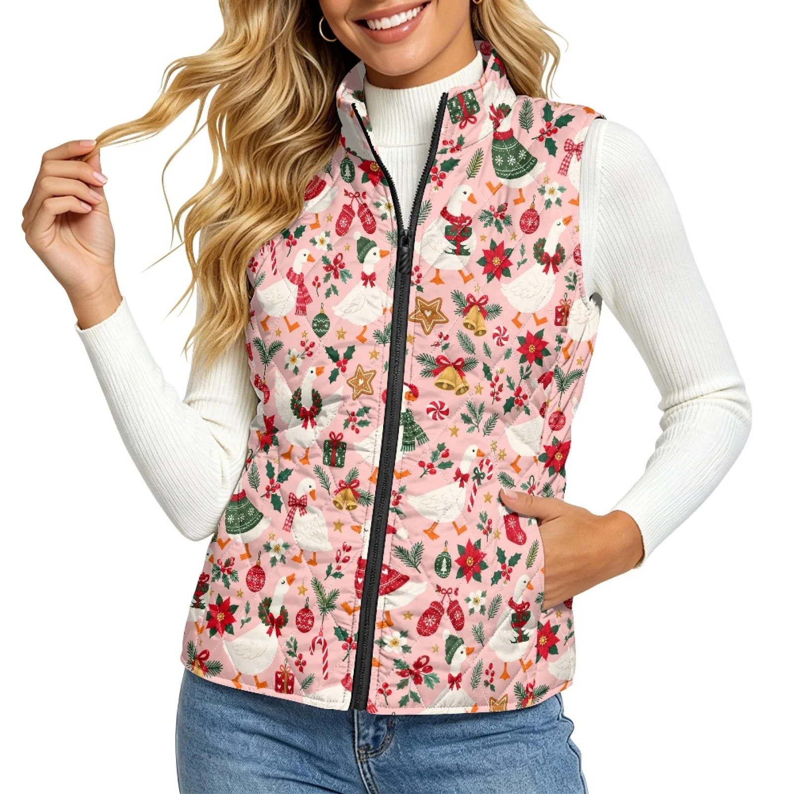 PENSTROLL Christmas Goose Print Quilted Jacket Vest Warm Women's Waistcoat Quilted Waistcoat for Women for Fall Hiking