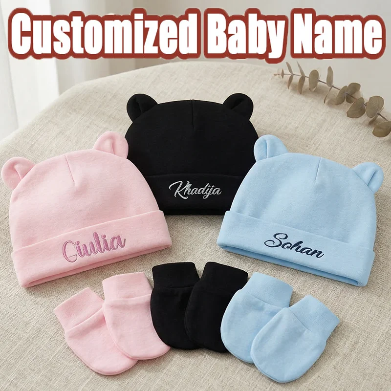 

Unisex Customized Baby Name Beanie Organic Cotton Bibi Hat with Ears 0-6M Newborn Breathable Daily Cap Infant Gift
