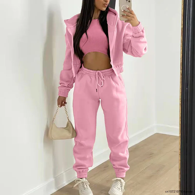 

3 Piece Sets Casual Long Sleeve Zip Hoodies+High Waist+Ribbed TankSweatpants Jogger Pant Suits Sporty Three Pieces Outfit Women