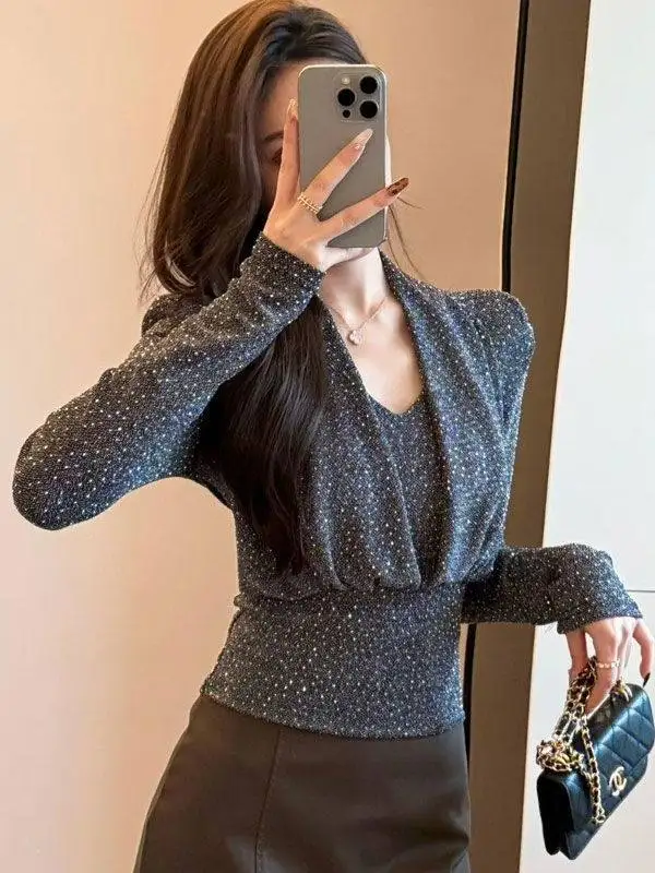 

Vintage Dark Gray Sparkly Sequin Fitted Top Women's Draped Neck Long Sleeve Glitter Blouse Elegant Party Clubwear For Spring