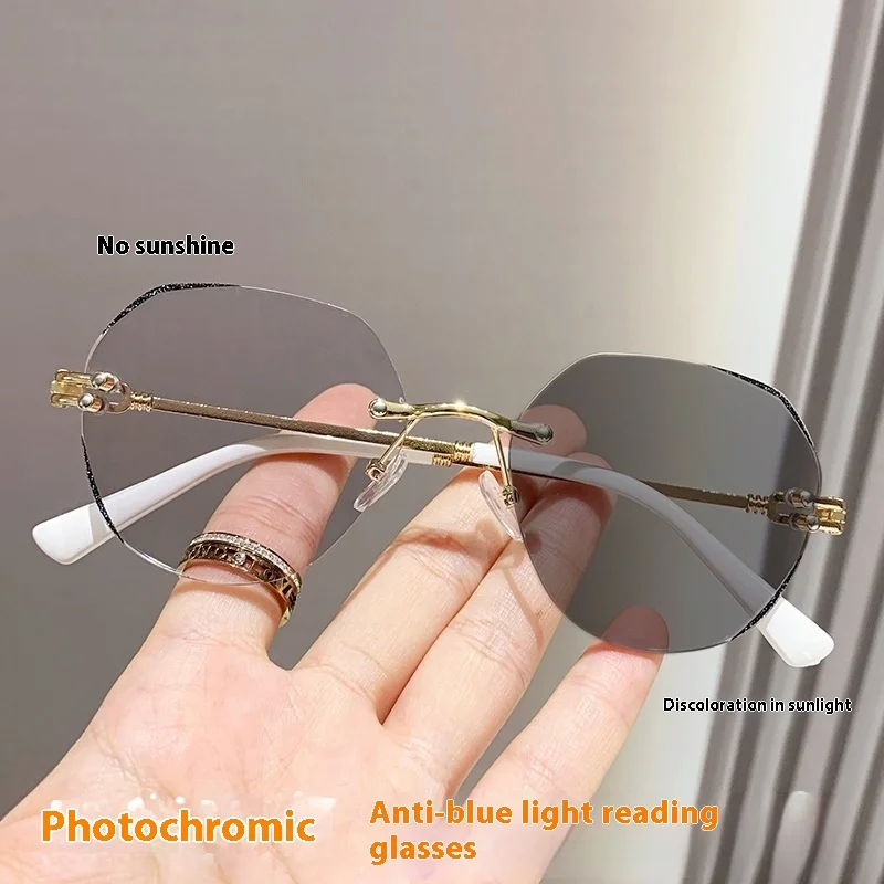 

0 +100~+400 Women Rimless Photochrmic Gray Presbyopic Sunglasses Sun Automatic Discoloration to Gray Reading Glasses