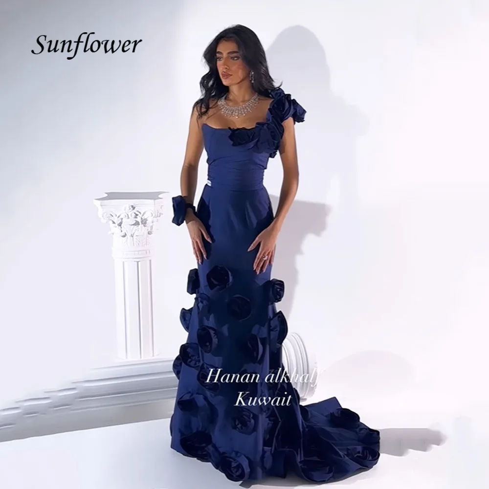 Sunflower One-Shoulder 3D Flowers Mermaid Evening Dresses Saudi Arabia Backless Slim Satin Occasion Dresses Party Gowns