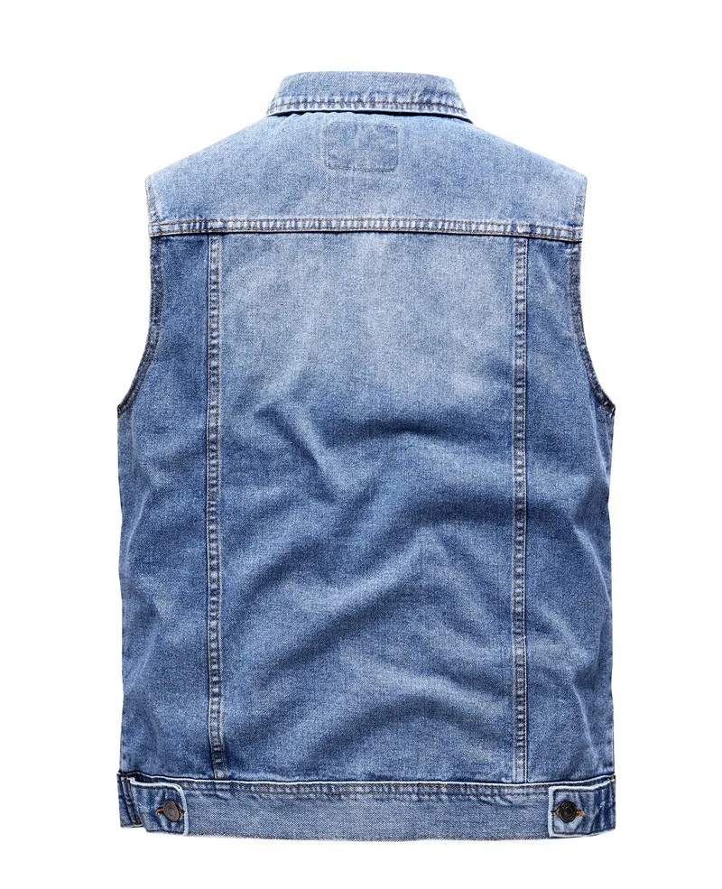 Men Vintage Washed Denim Vest Classic Lapel Sleeveless Jean Waistcoat Multi Pocket Button Up Casual Outerwear Jacket For Daily