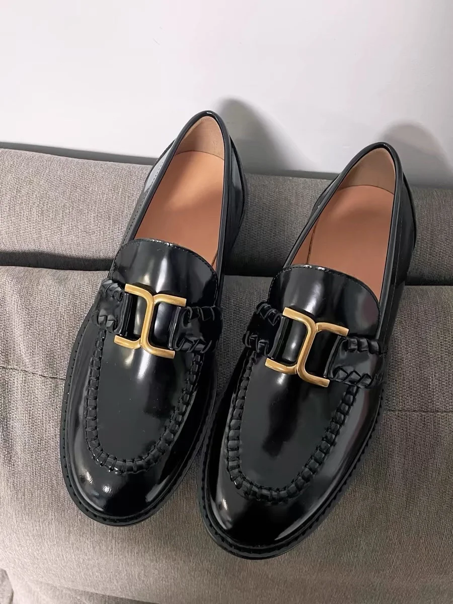 Solid Metal Buckle Loafers Women Shoes Round Head Slip-on Flats Soft Sole Casual Cover Heel Zapatos Mujer