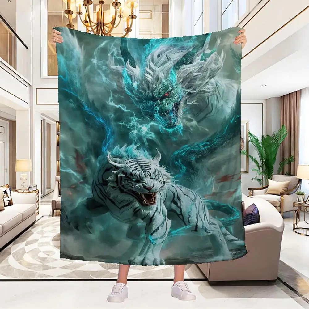 

White Tiger and White Dragon Throw Blanket Aesthetic Portable Home Travel Camping Sofa Picnic Thick Warm Flannel Blanket