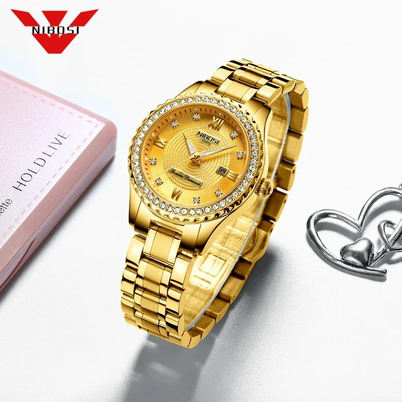 NIBOSI Fashion Women\'s Watches Ladies Top Brand luxury Waterproof Gold Quartz Watch Women Stainless Steel Date Watch for Women