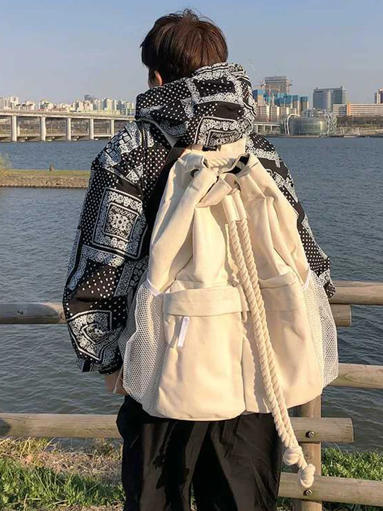 Fashion Canvas Backpack Men Drawstring Large Capacity Backpack For Male Korean Style New Travel Backpack