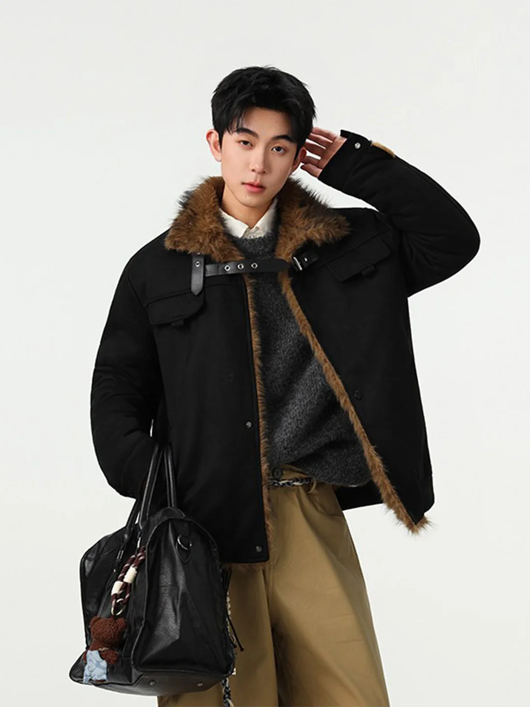 

Retro American Sle Men's Cotton Jaet Thiened Loose Fit Warm Outerwear with Fur Collar Youth Faion Casual Wear